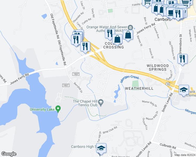 map of restaurants, bars, coffee shops, grocery stores, and more near 310 Cedarwood Drive in Carrboro
