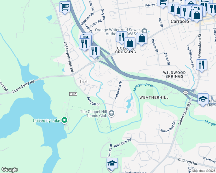 map of restaurants, bars, coffee shops, grocery stores, and more near 310 Cedarwood Drive in Carrboro