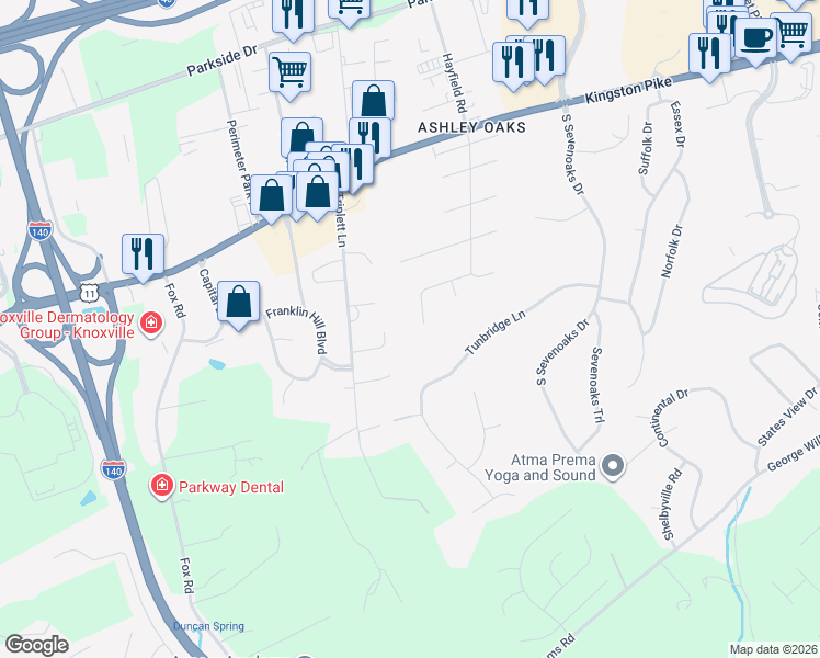 map of restaurants, bars, coffee shops, grocery stores, and more near 241 Crowfield Road in Knoxville