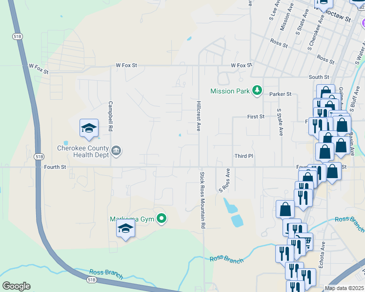 map of restaurants, bars, coffee shops, grocery stores, and more near 1104 Rozell Avenue in Tahlequah