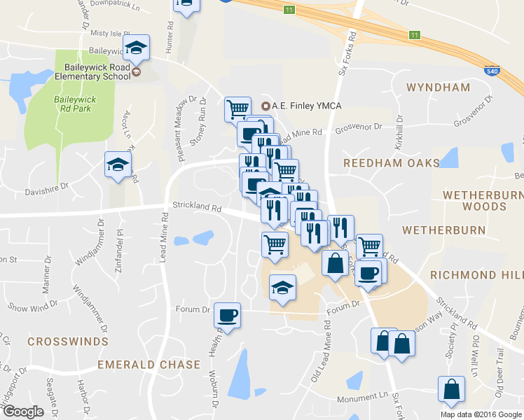 map of restaurants, bars, coffee shops, grocery stores, and more near 9700 Strickland Road in Raleigh