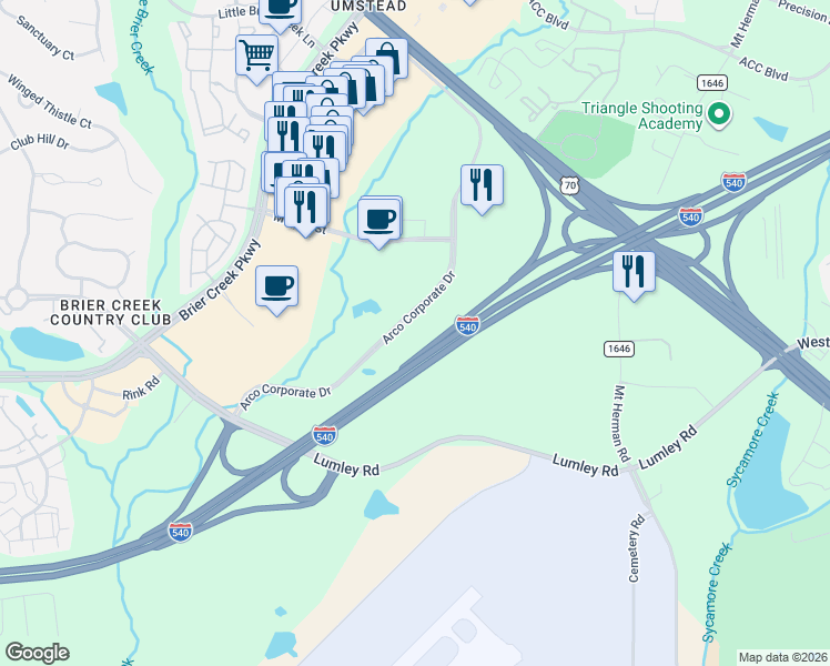 map of restaurants, bars, coffee shops, grocery stores, and more near 8105 Arco Corporate Drive in Raleigh