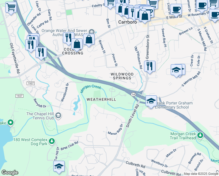 map of restaurants, bars, coffee shops, grocery stores, and more near 108 Marlowe Court in Carrboro