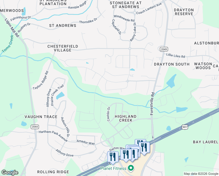 map of restaurants, bars, coffee shops, grocery stores, and more near 3341 Table Mountain Pine Drive in Wake Forest