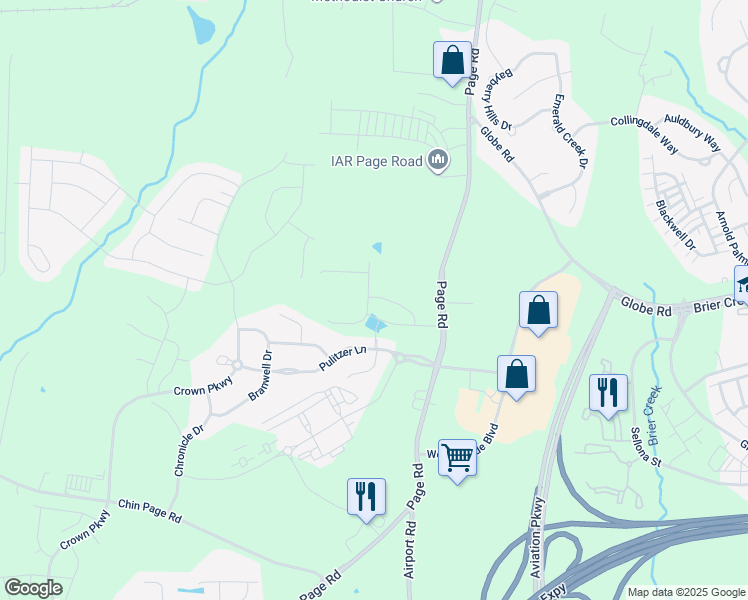 map of restaurants, bars, coffee shops, grocery stores, and more near 3404 Page Road in Morrisville
