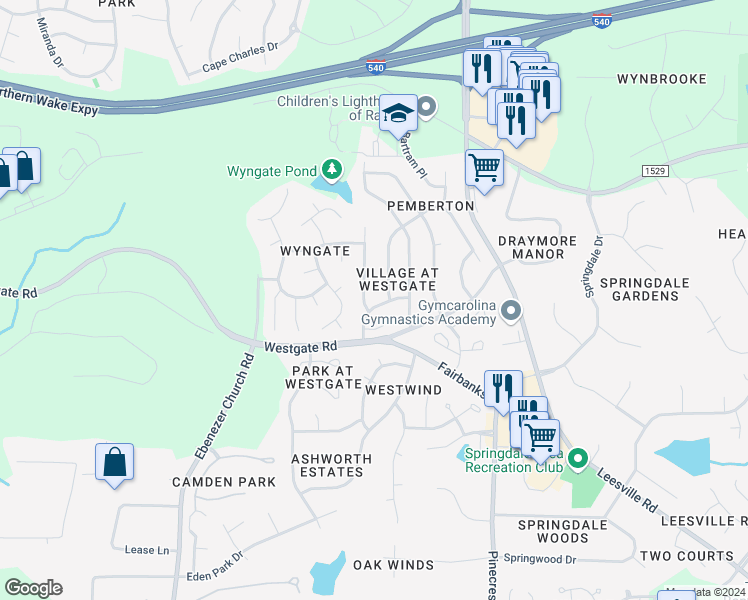 map of restaurants, bars, coffee shops, grocery stores, and more near 5512 Sorrell Crossing Drive in Raleigh