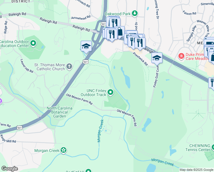 map of restaurants, bars, coffee shops, grocery stores, and more near 1016 Highland Woods Road in Chapel Hill