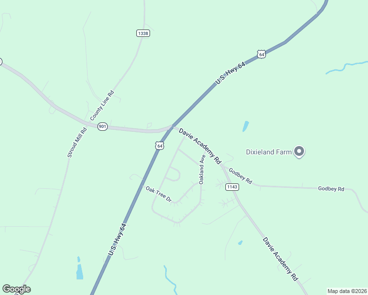 map of restaurants, bars, coffee shops, grocery stores, and more near 107 Oakridge Lane in Mocksville