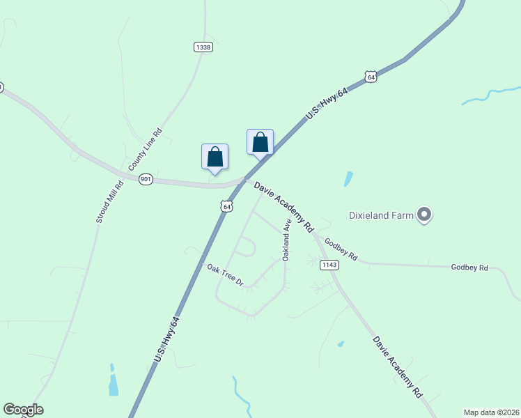 map of restaurants, bars, coffee shops, grocery stores, and more near 107 Oakridge Lane in Mocksville