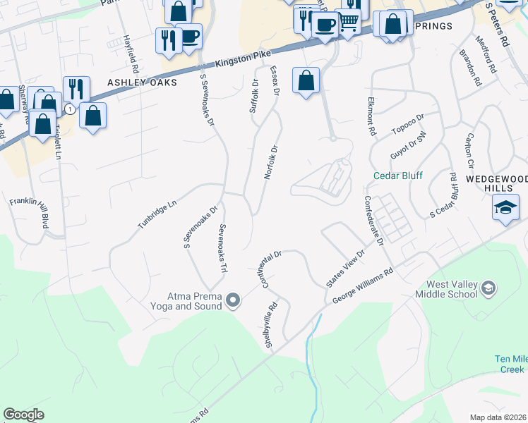 map of restaurants, bars, coffee shops, grocery stores, and more near 300 Essex Drive in Knoxville