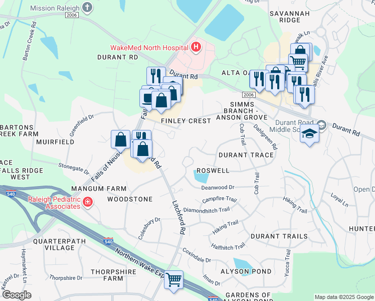 map of restaurants, bars, coffee shops, grocery stores, and more near 2412-2438 Batterhayes Road in Raleigh
