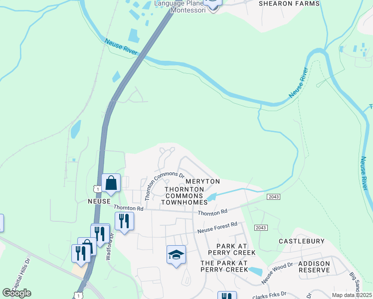 map of restaurants, bars, coffee shops, grocery stores, and more near 5392 Meryton Park Way in Raleigh