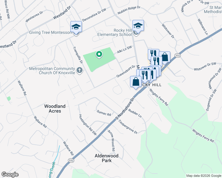 map of restaurants, bars, coffee shops, grocery stores, and more near 1334 Scotsbury Circle Southwest in Knoxville
