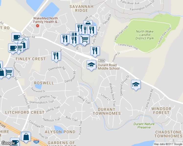map of restaurants, bars, coffee shops, grocery stores, and more near 10401 Durant Road in Raleigh