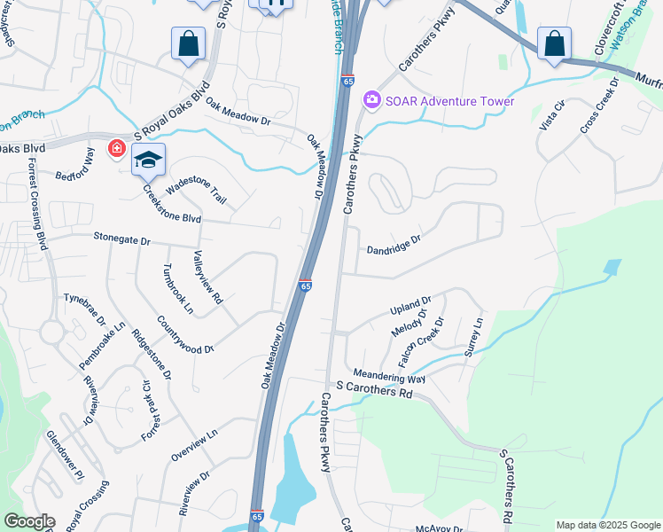 map of restaurants, bars, coffee shops, grocery stores, and more near 3595 Carothers Parkway in Franklin