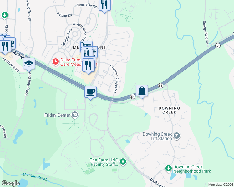 map of restaurants, bars, coffee shops, grocery stores, and more near 501 East Barbee Chapel Road in Chapel Hill
