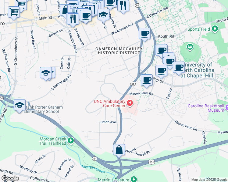 map of restaurants, bars, coffee shops, grocery stores, and more near 405 Westwood Drive in Chapel Hill