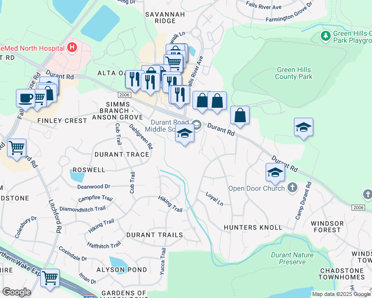 map of restaurants, bars, coffee shops, grocery stores, and more near 10401 Durant Road in Raleigh