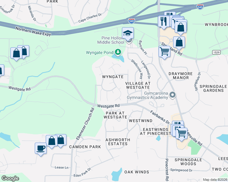 map of restaurants, bars, coffee shops, grocery stores, and more near 8712 Blakehurst Drive in Raleigh