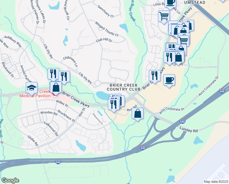 map of restaurants, bars, coffee shops, grocery stores, and more near 10400 Rosegate Court in Raleigh