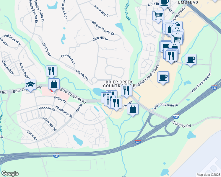 map of restaurants, bars, coffee shops, grocery stores, and more near 10511 Rosegate Court in Raleigh