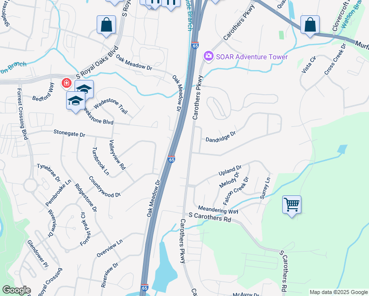 map of restaurants, bars, coffee shops, grocery stores, and more near 3595 Carothers Parkway in Franklin