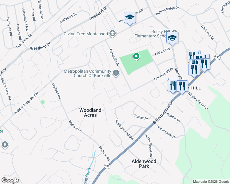 map of restaurants, bars, coffee shops, grocery stores, and more near 1307 Whisper Trace Lane in Knoxville