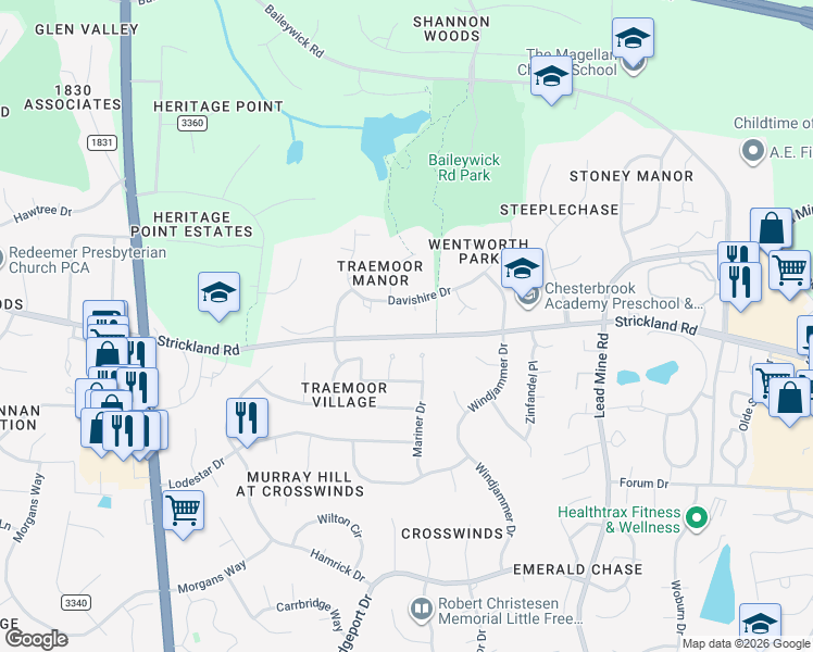 map of restaurants, bars, coffee shops, grocery stores, and more near 8905 Mildenhall Court in Raleigh