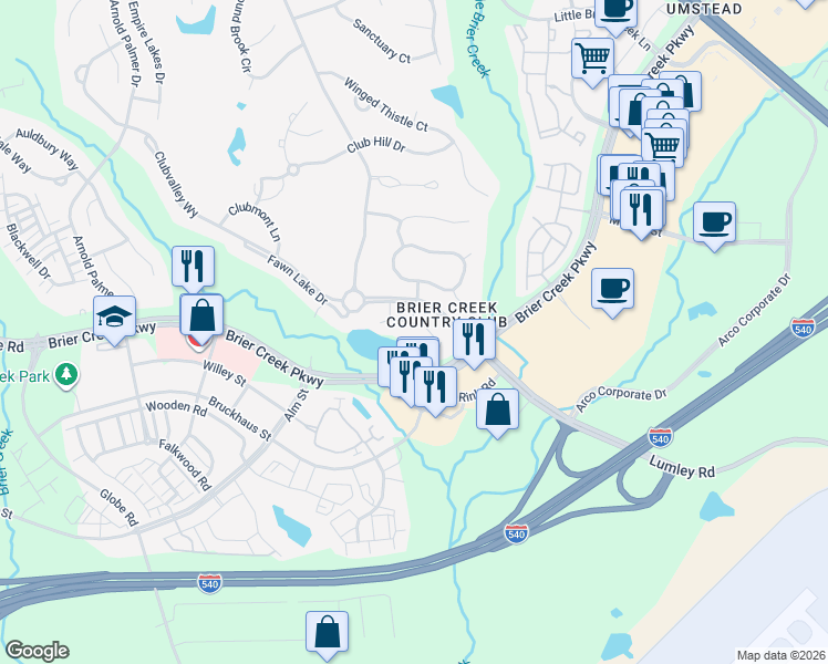 map of restaurants, bars, coffee shops, grocery stores, and more near 10511 Rosegate Court in Raleigh
