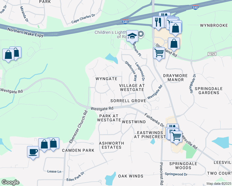 map of restaurants, bars, coffee shops, grocery stores, and more near 8820 Waynick Drive in Raleigh