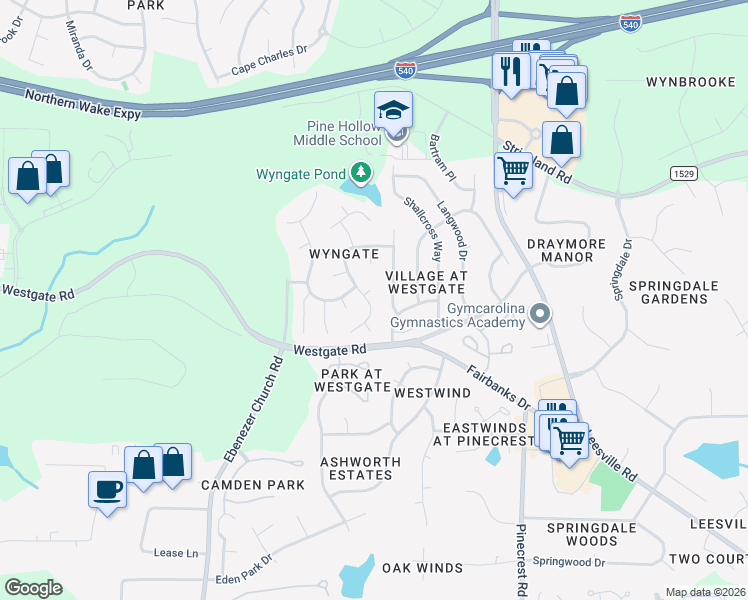 map of restaurants, bars, coffee shops, grocery stores, and more near 8820 Waynick Drive in Raleigh