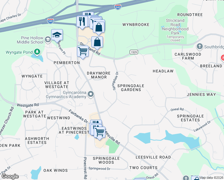map of restaurants, bars, coffee shops, grocery stores, and more near 9409 Springdale Drive in Raleigh