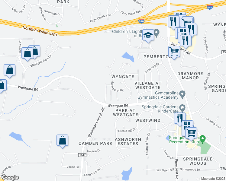 map of restaurants, bars, coffee shops, grocery stores, and more near 8732 Springhouse Lane in Raleigh