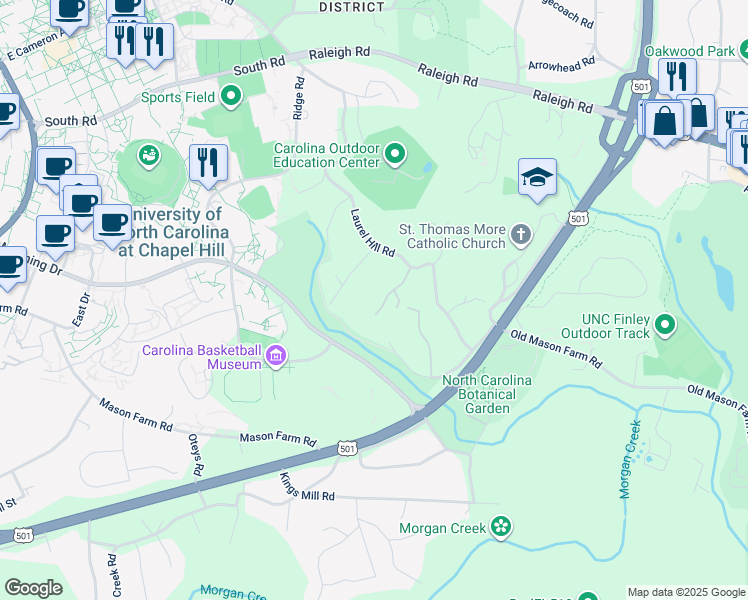 map of restaurants, bars, coffee shops, grocery stores, and more near 5 Buttons Road in Chapel Hill