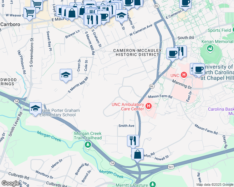 map of restaurants, bars, coffee shops, grocery stores, and more near 418 Westwood Drive in Chapel Hill