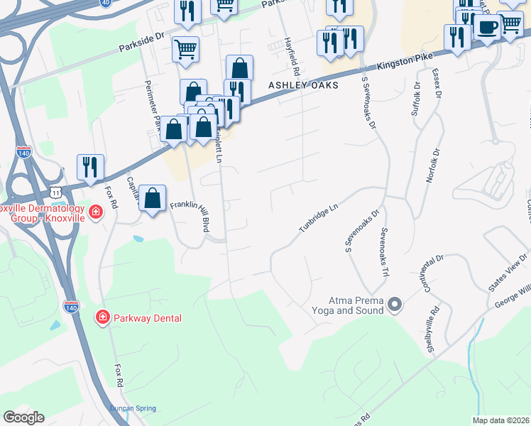 map of restaurants, bars, coffee shops, grocery stores, and more near 241 Crowfield Road in Knoxville