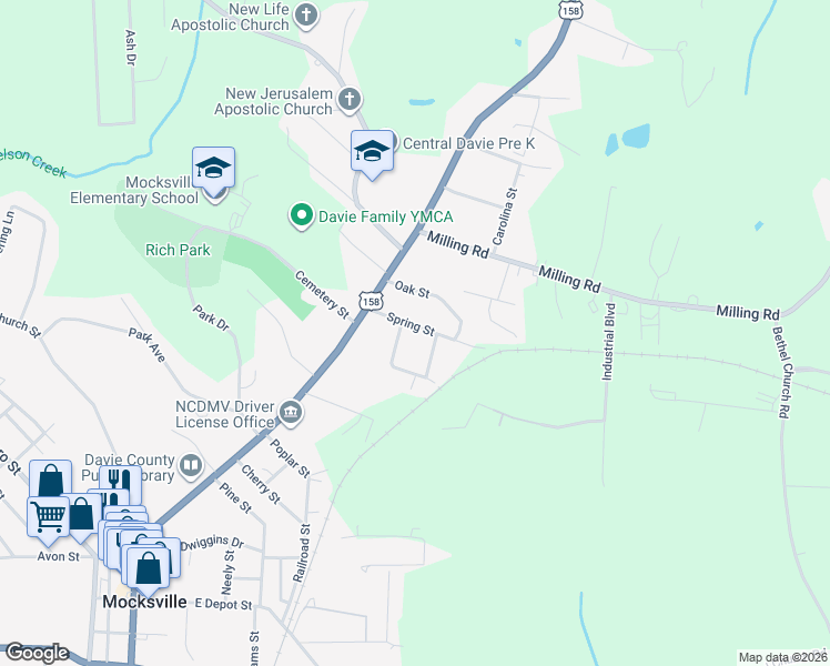 map of restaurants, bars, coffee shops, grocery stores, and more near 204 Spring Street in Mocksville