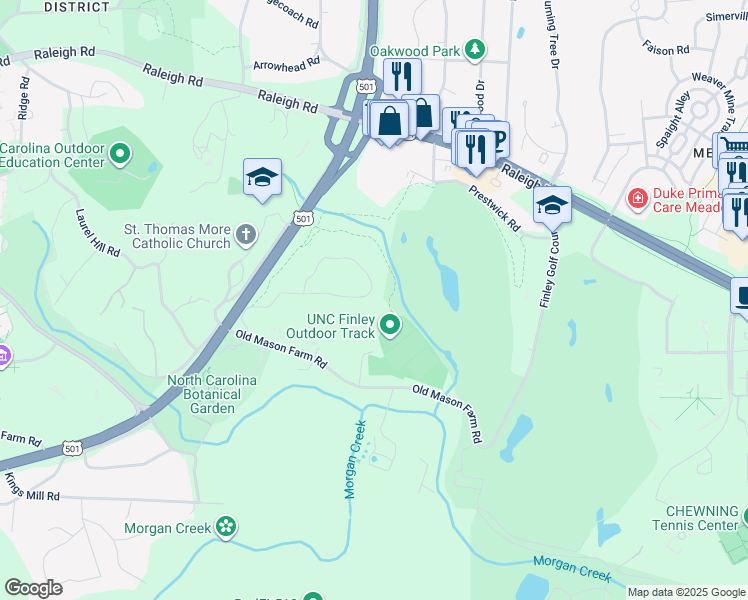 map of restaurants, bars, coffee shops, grocery stores, and more near 1016 Highland Woods Road in Chapel Hill