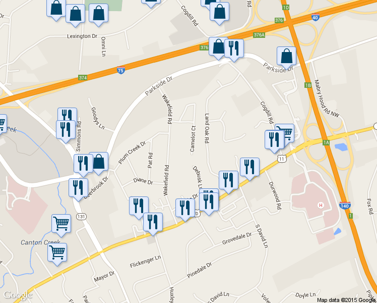 map of restaurants, bars, coffee shops, grocery stores, and more near 219 Camelot Ct in Knoxville
