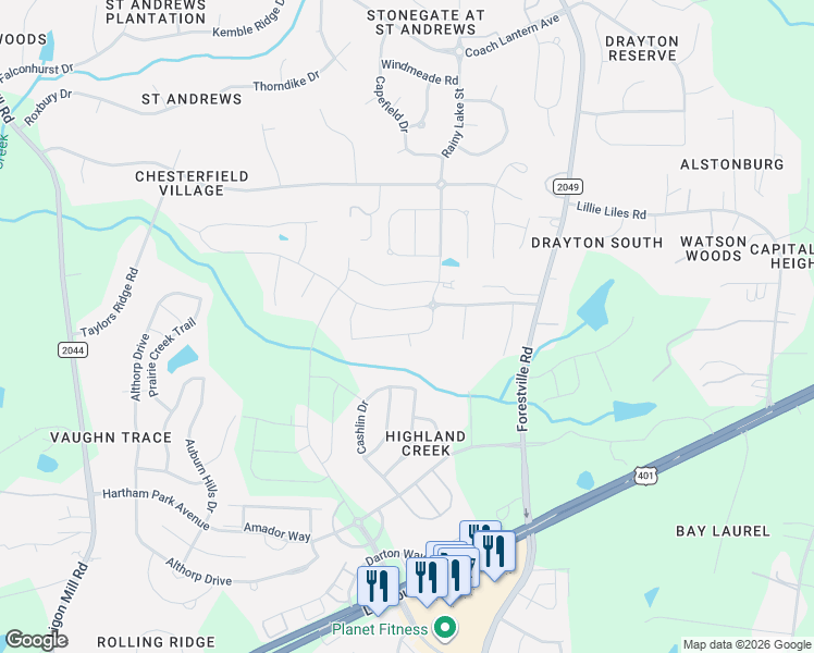 map of restaurants, bars, coffee shops, grocery stores, and more near 3373 Table Mountain Pine Drive in Wake Forest