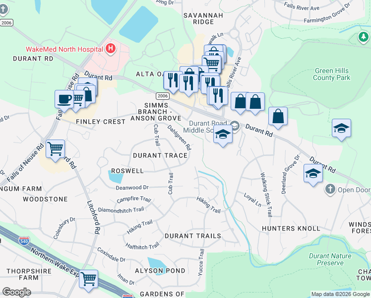 map of restaurants, bars, coffee shops, grocery stores, and more near 9200 Dakins Court in Raleigh