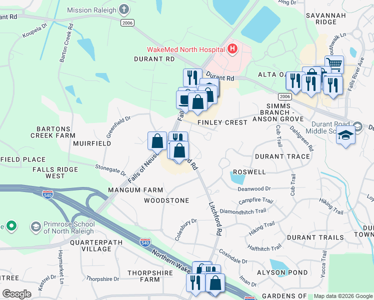 map of restaurants, bars, coffee shops, grocery stores, and more near 9014 Brook Garden Court in Raleigh