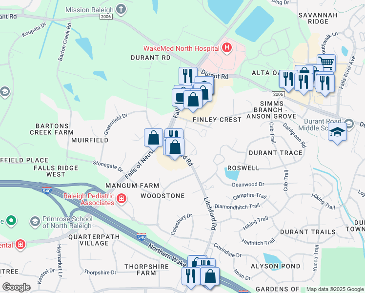 map of restaurants, bars, coffee shops, grocery stores, and more near 9500 Muirfield Club Road in Raleigh