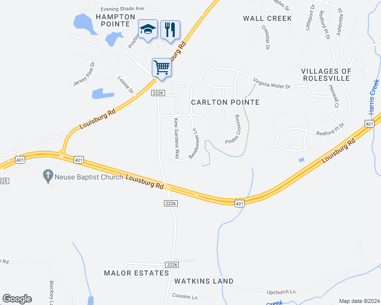 map of restaurants, bars, coffee shops, grocery stores, and more near 454 Bendemeer Lane in Rolesville