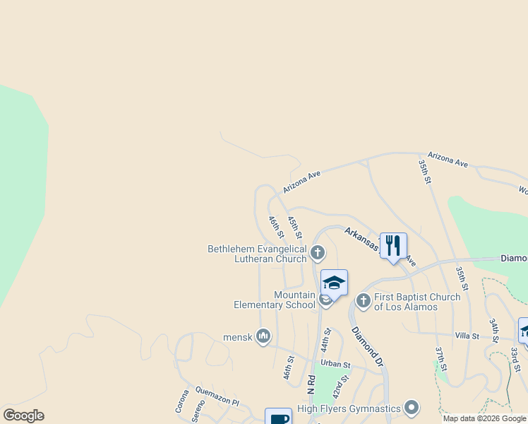 map of restaurants, bars, coffee shops, grocery stores, and more near 2545 46th Street in Los Alamos