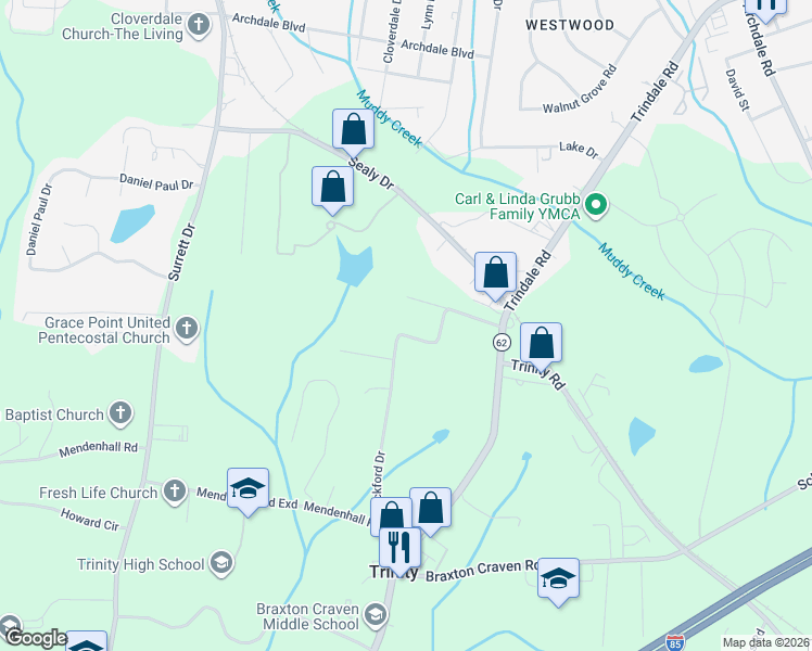 map of restaurants, bars, coffee shops, grocery stores, and more near 5729 Rockford Drive in Trinity
