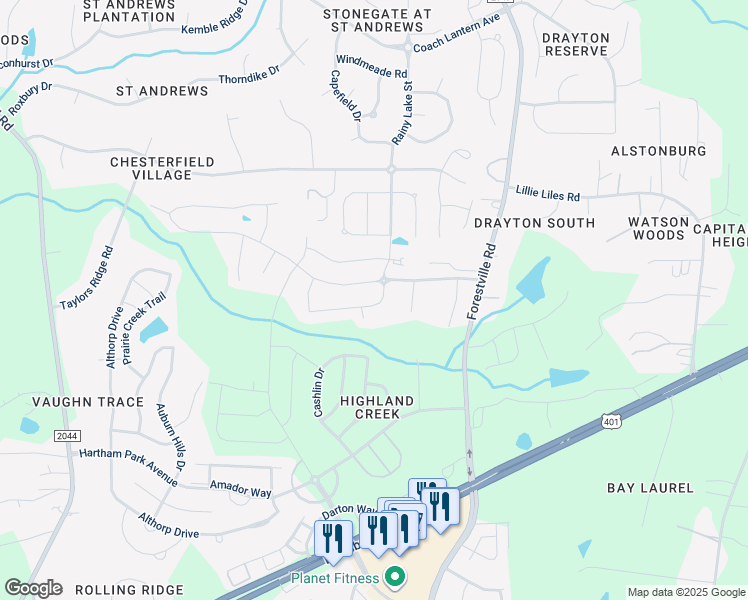 map of restaurants, bars, coffee shops, grocery stores, and more near 3409 Table Mountain Pine Drive in Wake Forest