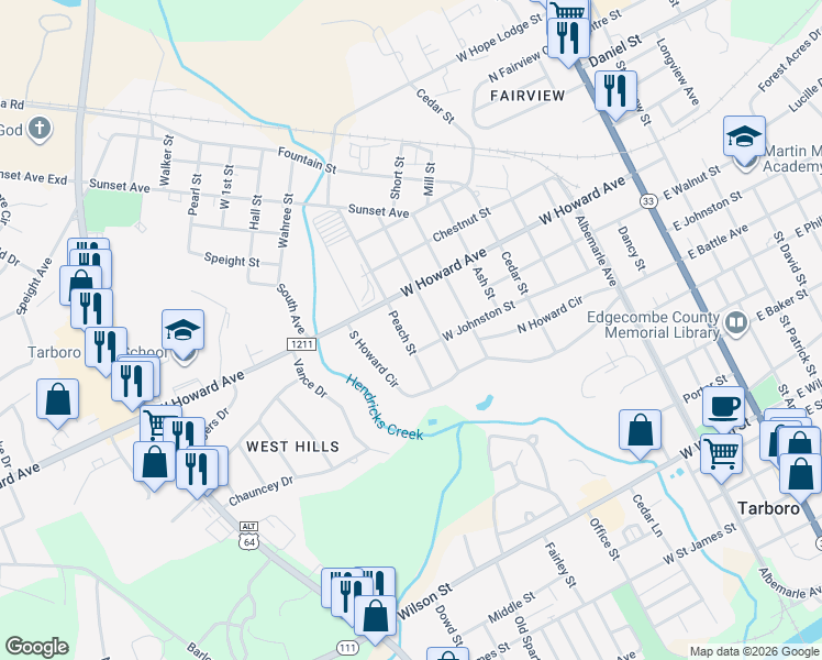 map of restaurants, bars, coffee shops, grocery stores, and more near 1107 Peach Street in Tarboro