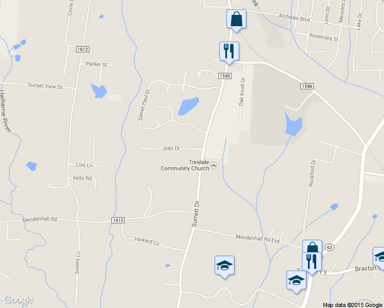 map of restaurants, bars, coffee shops, grocery stores, and more near 5731 Joan Drive in Archdale