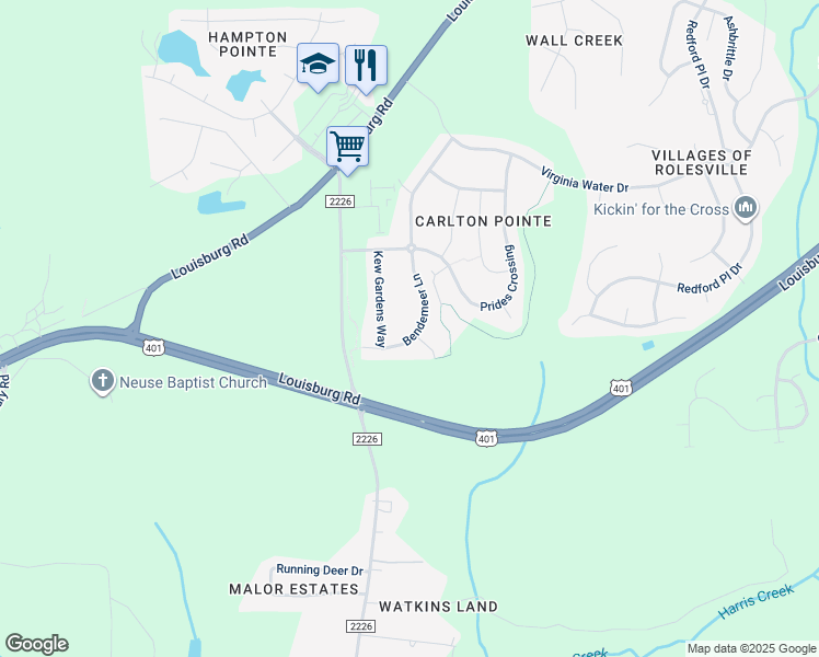 map of restaurants, bars, coffee shops, grocery stores, and more near 454 Bendemeer Lane in Rolesville